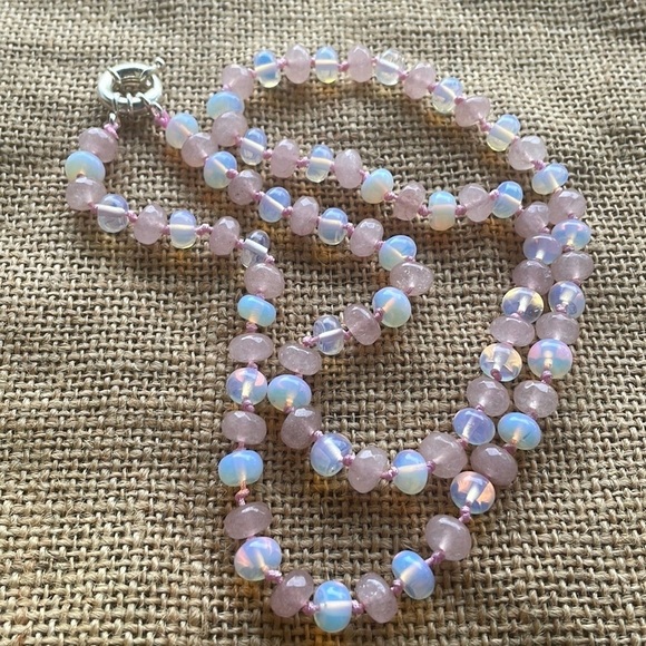 Necklace Opal & Pink Jade Stone Quartz hand made Knotted one of a kind New Beads - Picture 1 of 14